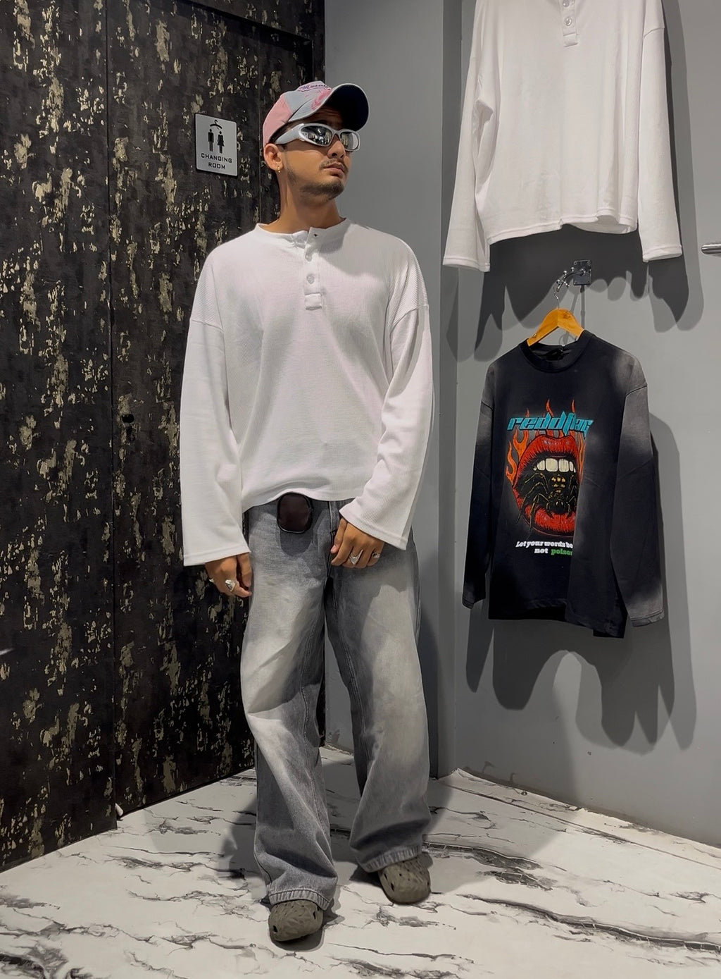 Waffle Henley Boxy Fit Full Sleeve Tee