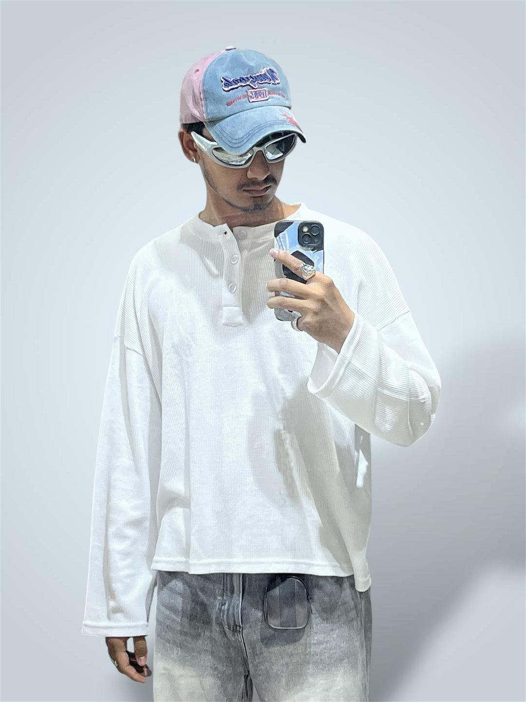 Waffle Henley Boxy Fit Full Sleeve Tee