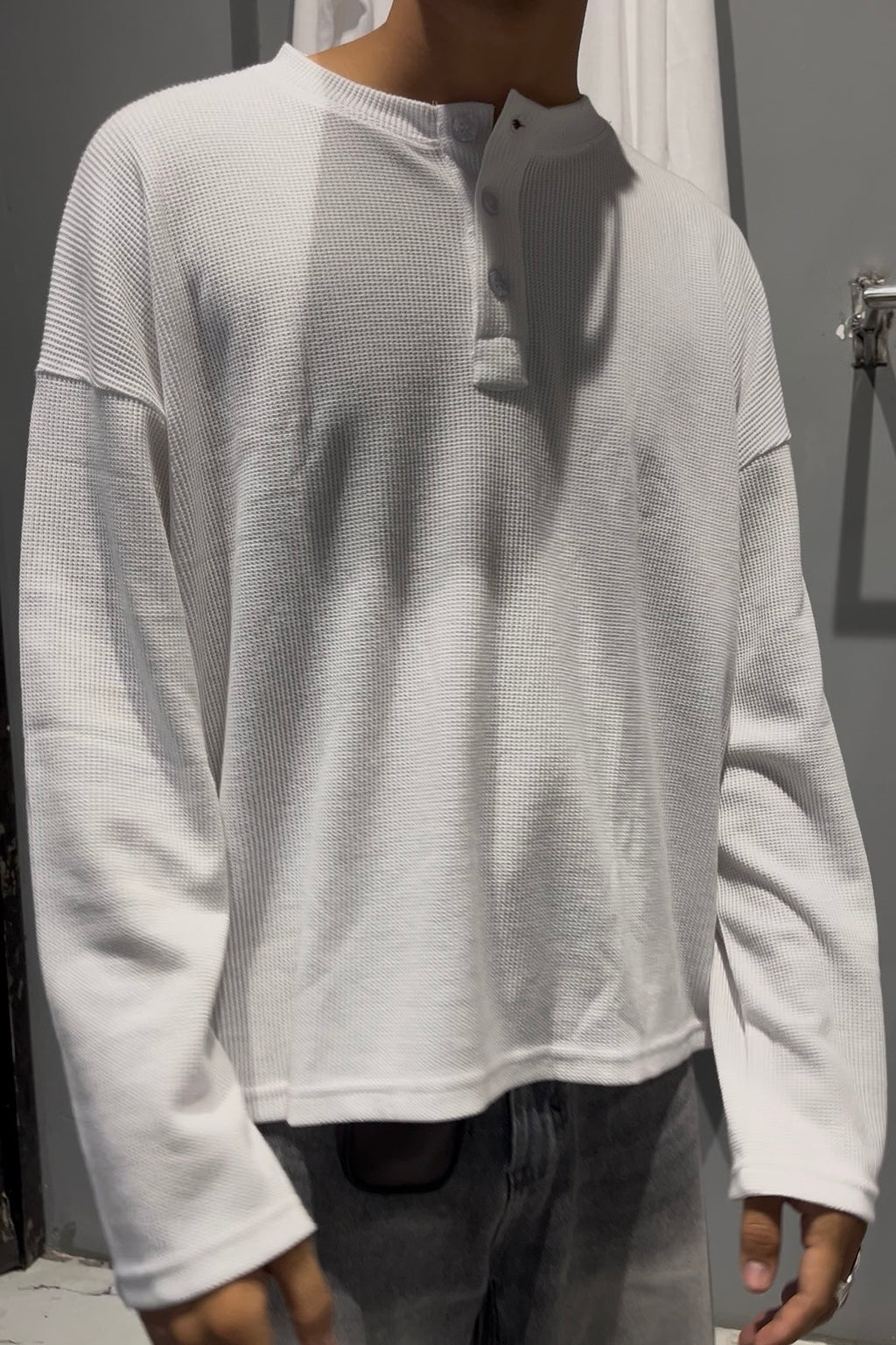 Waffle Henley Boxy Fit Full Sleeve Tee