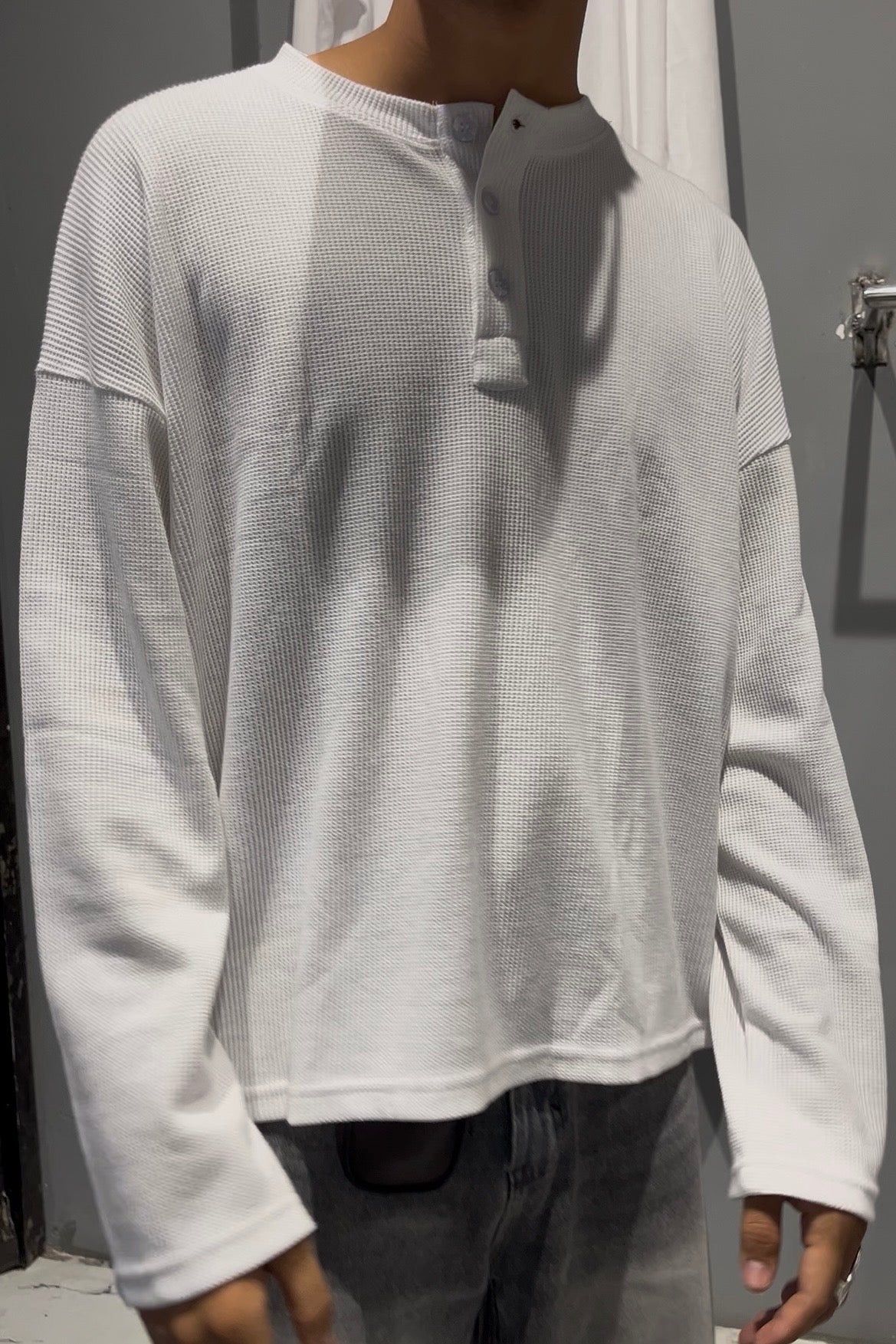 Waffle Henley Boxy Fit Full Sleeve Tee