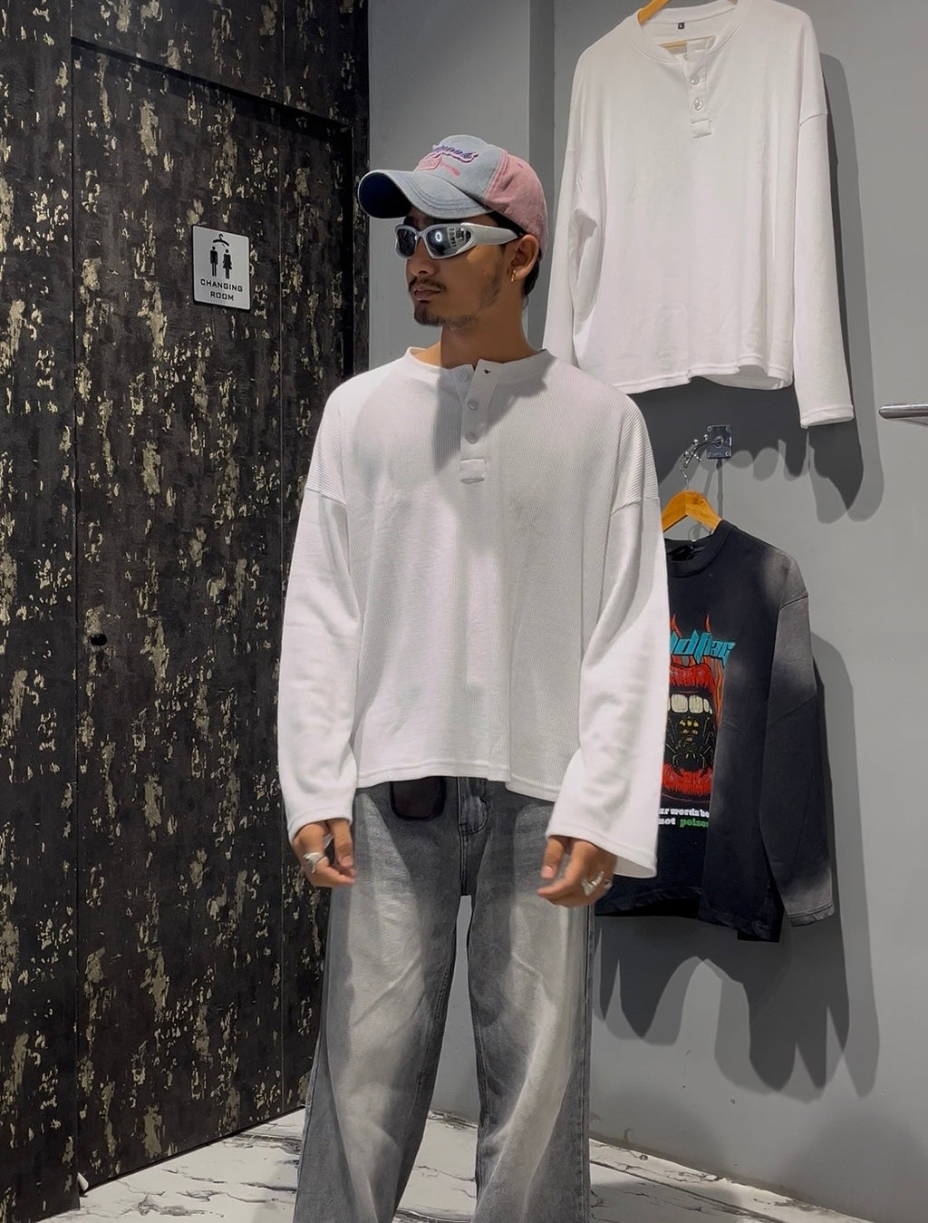 Waffle Henley Boxy Fit Full Sleeve Tee